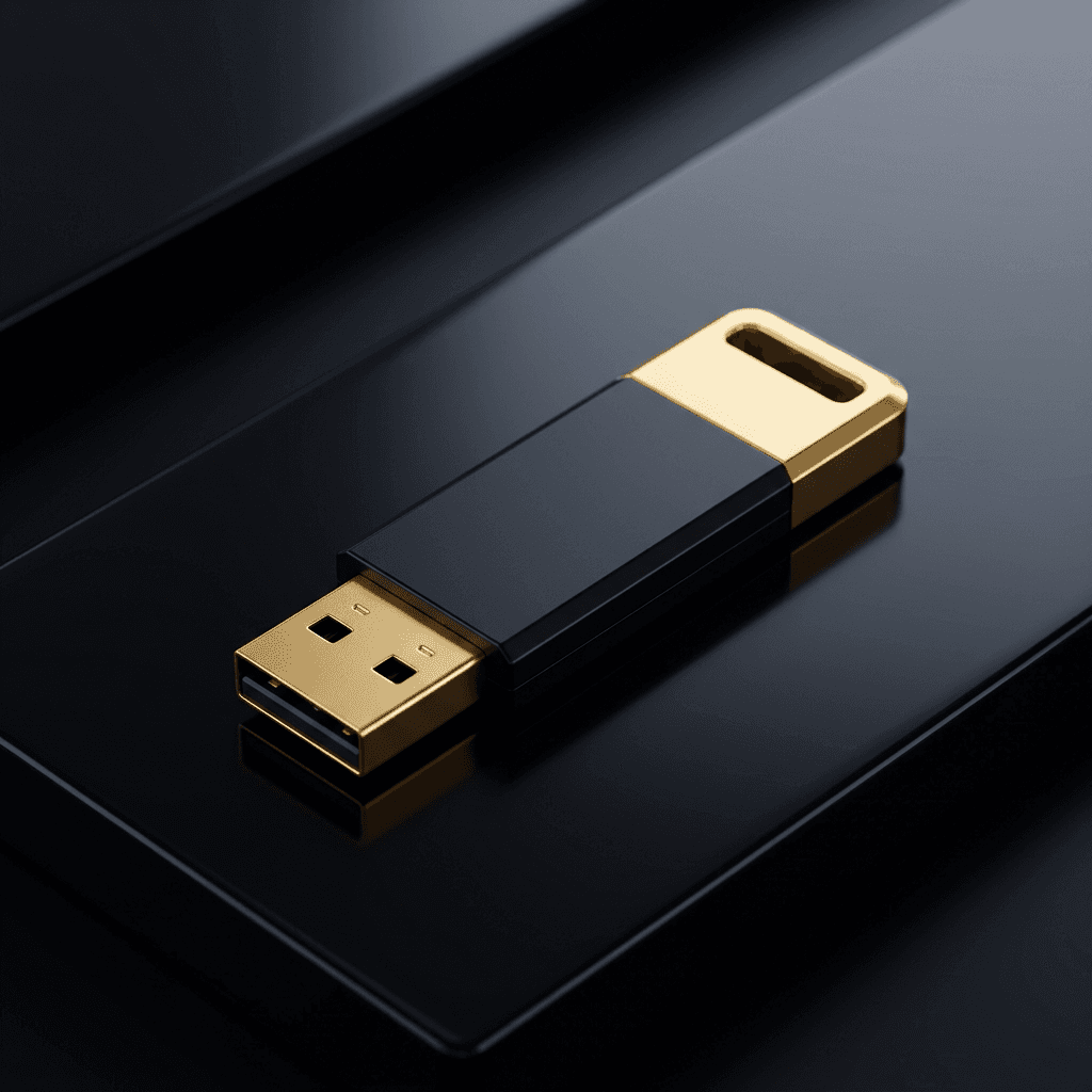 Siyah zemin üzerinde altın detaylı USB e-imza token'ı, yakın çekim