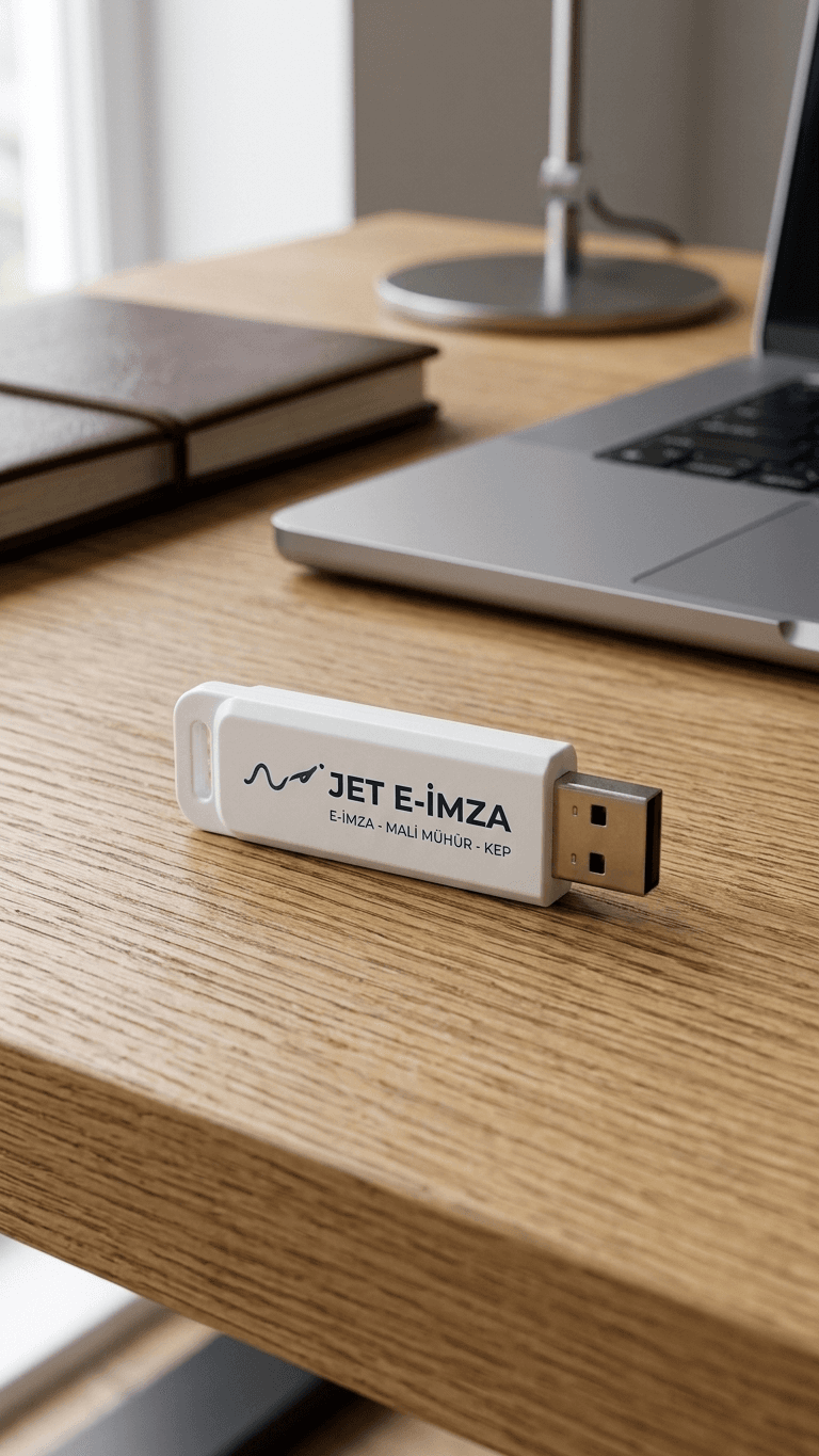 Ahşap bir çalışma masasında Jet E-İmza markalı beyaz USB token, yanında dizüstü bilgisayar ve deri kapaklı defter